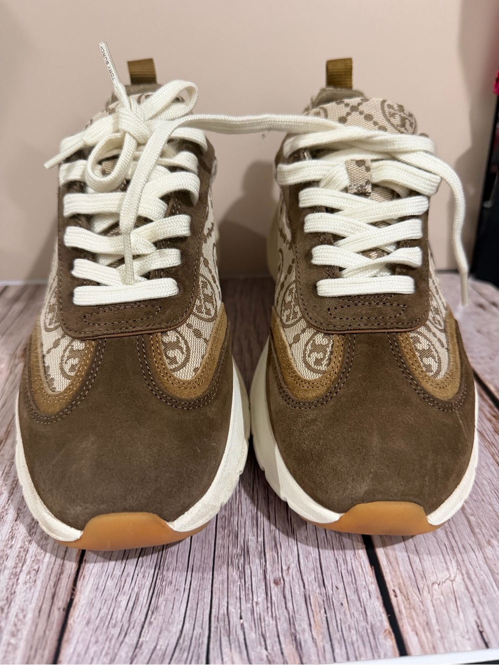Tory Burch Brown Suede and Cream Logo Canvas Sneakers